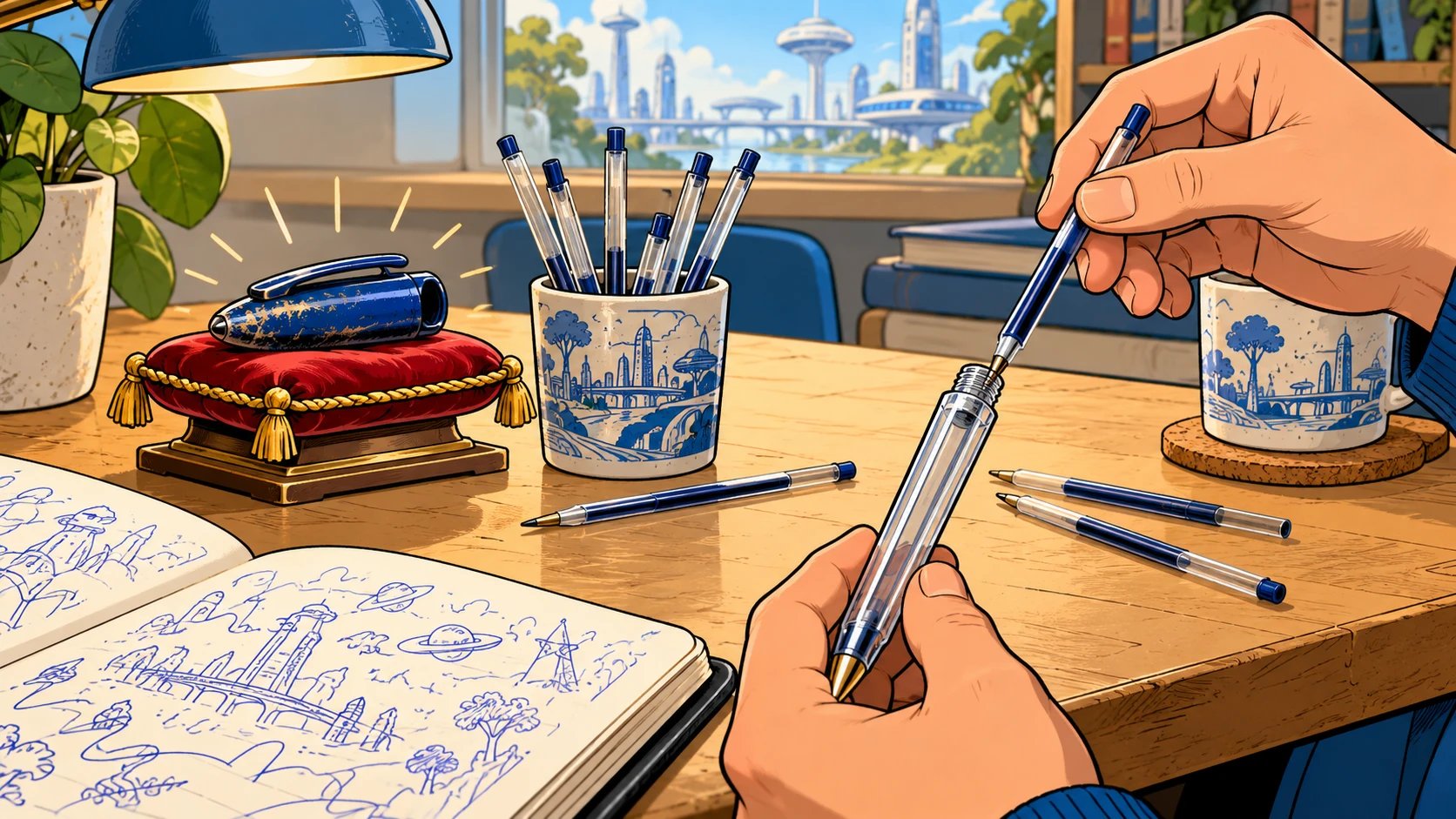 Concept imaginé : stylo hexagonal conservé avec sa cartouche remplaçable et son vieux capuchon installé sur un coussin de cérémonie.