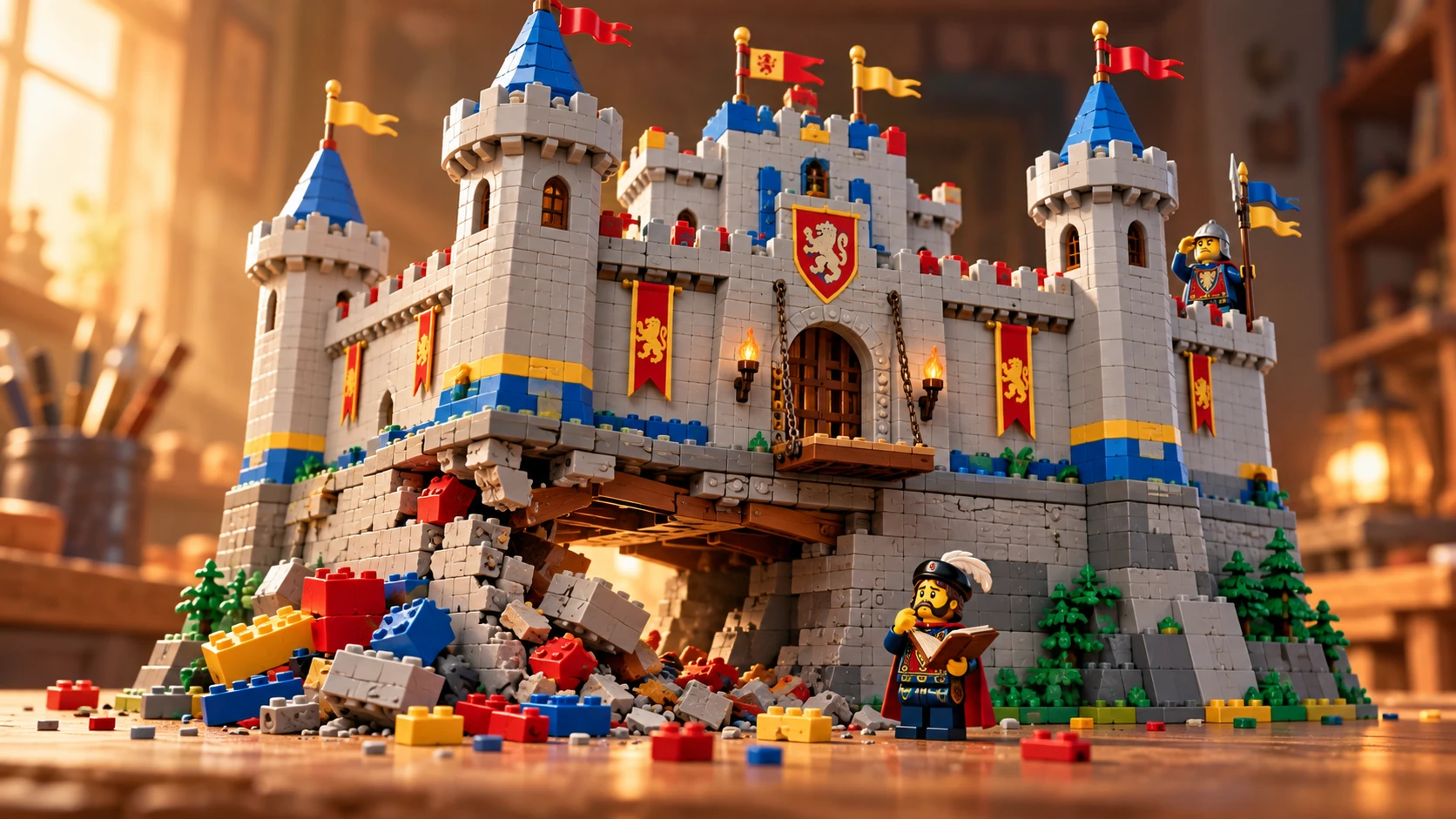 Métaphore fictive de la crise de LEGO : un château de briques tient debout malgré ses fondations partiellement effondrées ; un petit comptable s’inquiète tandis qu’un garde continue de saluer.