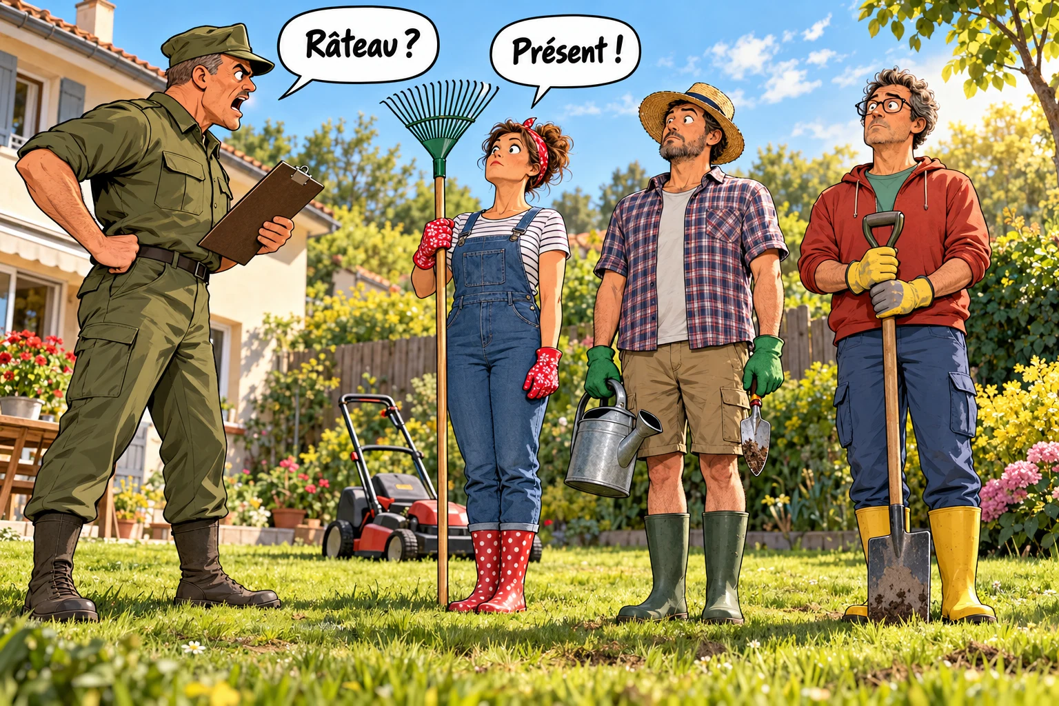 Scène satirique : un militaire fait appel devant trois jardiniers tenant leurs outils. Il demande « Râteau ? » et une jardinière répond « Présent ! ».